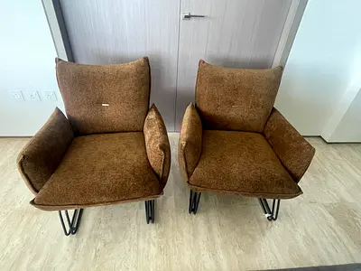 Pair of Brown Upholstered Accent Chairs with Metal Legs - Brand New! Never Used