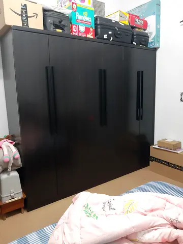 BED + MATTRESS + 2 SIDE TABLES + DRESSER with MIRROR and 6 DOOR CUPBOARD in Black colour