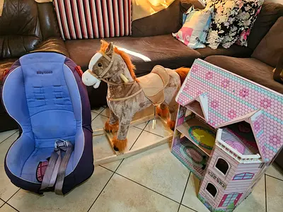 Bundle: Rocking Horse, Dollhouse  Child Car Seat - Good Used Condition