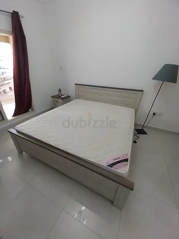 Wooden Double Bed with Mattress, Side Table and Lamp