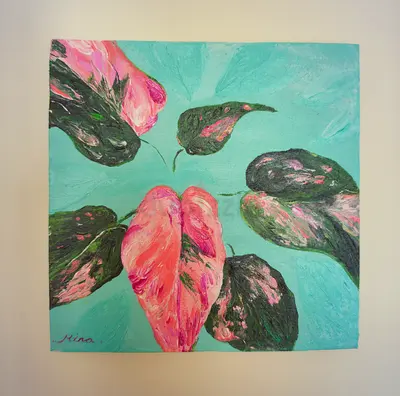 Original Acrylic Plant Leaves Painting on Canvas by Mina, 20x20cm