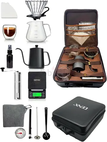 Denx Coffee Set, 12 Pieces, 600ml Stainless Steel Kettle, Glass Server, Dripper, Mug, Manual Grinder