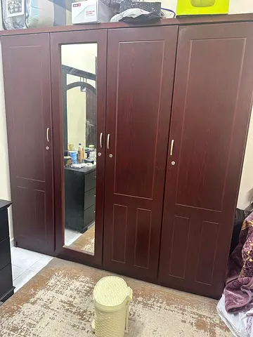 Dark Wood 4-Door Wardrobe with Mirror - Good Condition