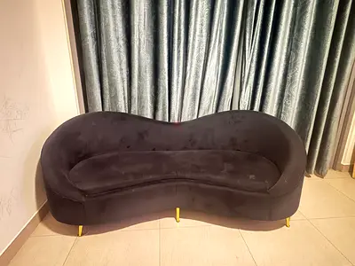 Curved Black Velvet 3-Seater Sofa with Gold Legs