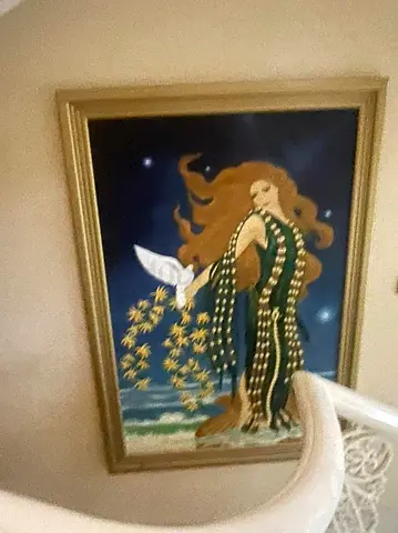 Framed Vintage Art Nouveau Style Woman Painting with Dove