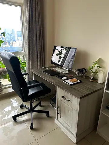 Compact wooden desk with ergonomic office chair - lightly used