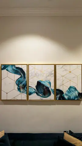 Set of 3 Abstract Blue Wave Wall Art Panels with Gold Frames