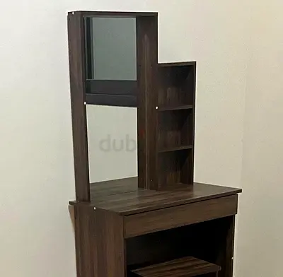 Wooden Dressing Table with Mirror and Shelves + Small Table - Dark Brown