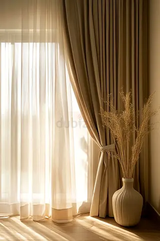Beige Floor-Length Curtains with Sheer White Liner – Set of Drapes