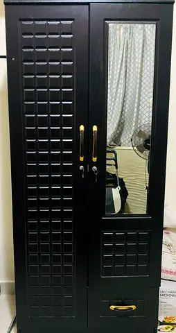 Dark Wood 2-Door Wardrobe with Mirror and Drawer - Good Condition