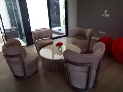 Luxury Designer Living Room Set – Adriana Hoyos (Marble Coffee Table + 4 Chairs)