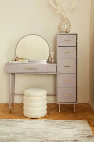 Vanity Dressing Table with Tall 5-Drawer Cabinet and Round Mirror - Light Wood