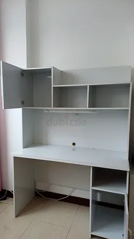White Study Desk with Overhead Cabinets and Shelves - Good Condition