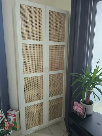 Elegant White Cabinet with Rattan Design,  6 shelves