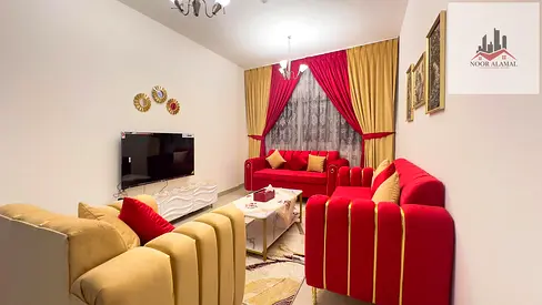 الشارقه التعاون ⚜️ تاني ساكن فرش سوبر ديلوكس ✨🏡 شقه غرفتين وصاله ومطبخ وحمامين وبلكونه اطلاله علي بحيره الخان