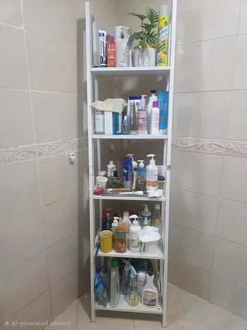 Tall slim bathroom storage shelf — white, 5-tier (good condition)