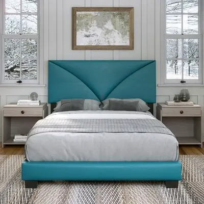 Modern Teal Upholstered Double Bed with Headboard and Base