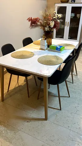Modern 4-Seater Dining Table with Chairs - White Top, wooden Legs