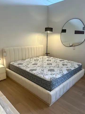 Queen upholstered bed frame with mattress - cream fabric