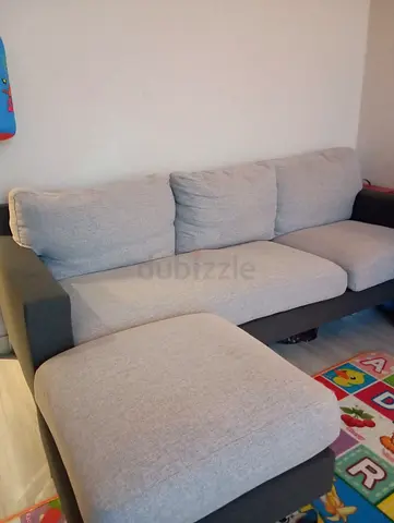 3-Seater Fabric Sofa with Ottoman - Light Grey Cushions, Good Condition