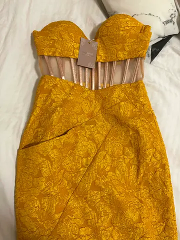 Yellow Strapless Cocktail Dress with Sheer Side Panels — New with Tags