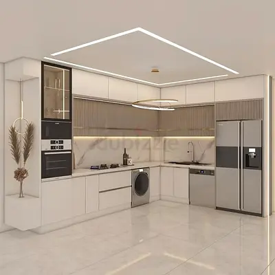 Modern L-shaped Kitchen Cabinets with Built-in Appliances