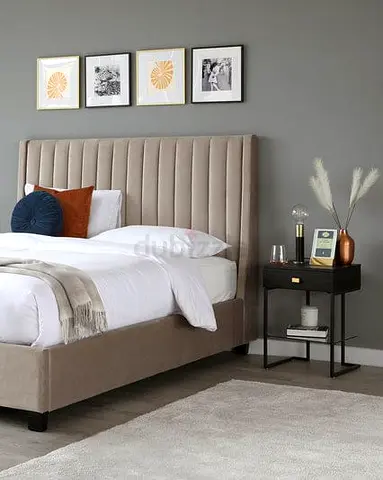 Upholstered King Bed Frame with Vertical Channel Headboard - Neutral Beige