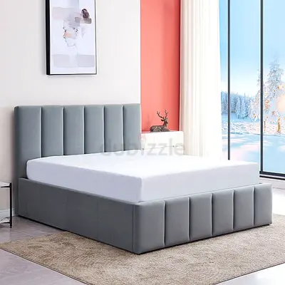 Gray Upholstered king size Bed with Padded Headboard and Storage Base