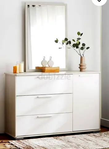 White 3-Drawer Dresser with Side Cabinet and Mirror and a king size bed- excellent Condition
