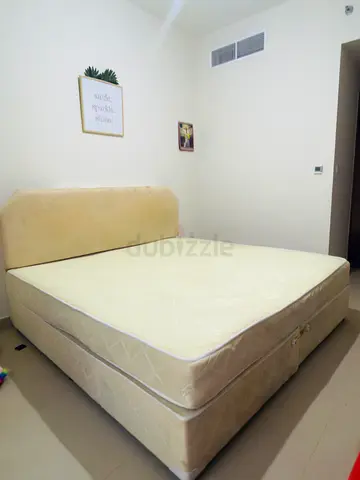 King Size Bed with Mattress - Beige Fabric Base and Headboard