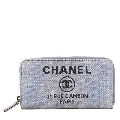 Authentic Chanel Light Blue Tweed Deauville Zip Around Wallet