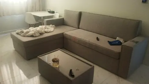 Beige L-shaped Sofa with Storage Chaise - Good Condition