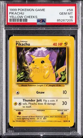 1999 POKEMON BASE SET SHADOWLESS YELLOW CHEEKS #58 PIKACHU PSA 10