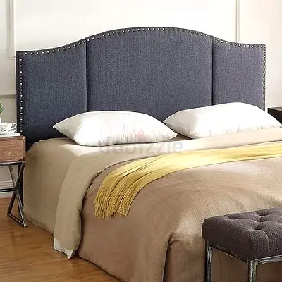 Upholstered Grey Fabric Headboard with Nailhead Trim - Queen/King