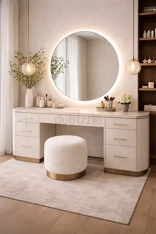 Cream Double Dresser / Vanity with Round LED Mirror