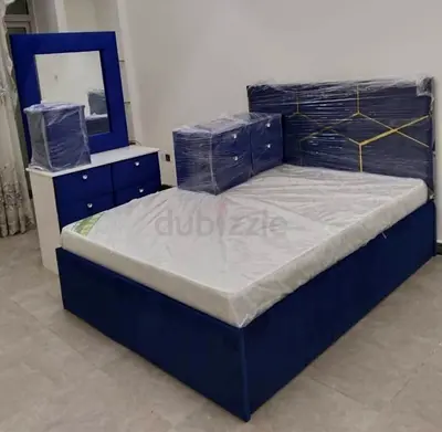Blue Velvet Bed Frame with Mattress, Dresser and Nightstands - New, Wrapped