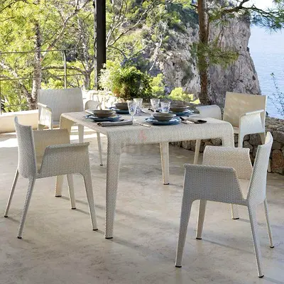 POINT 100x100 cm square outdoor table and x6 ‘’U’’ dining armchairs