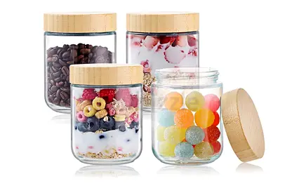 Overnight Oats Jars with Bamboo Lids, 16oz Airtight Glass Jars Canister, Wide Mouth Mason Container,