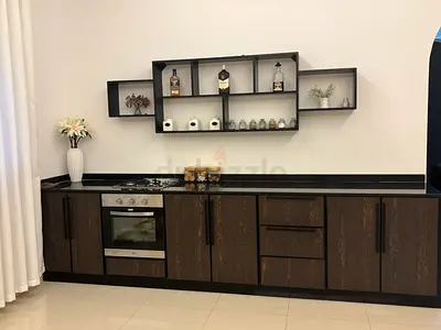 Modern  Kitchen Cabinet and Wall Shelves Set - Dark Wood.