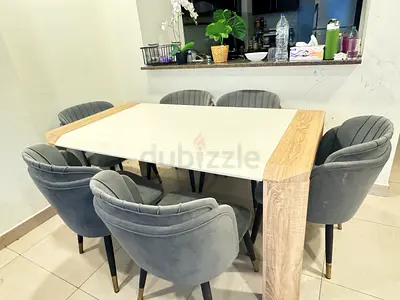 Solid Wood Frame Dining Table with 6 Grey Velvet Chairs -good condition