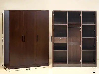 Dark Wood 3-Door Wardrobe/Armoire - 200cm H x 150cm W x 55cm D