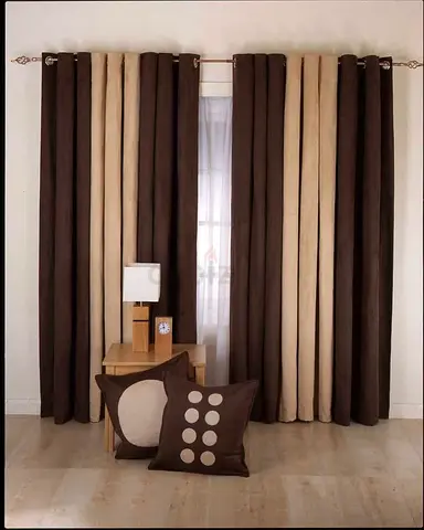 Brown and Beige Block Stripe Curtain Pair with Eyelets (Ready-made)