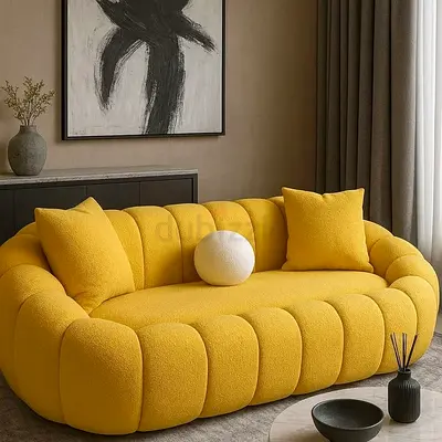 Modern Curved Yellow 2-3 Seater Sofa - Comfortable Bouclé Upholstery