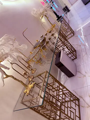 Glass Top Console Table with Gold Geometric Metal Base (Like New)