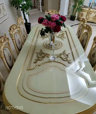 Classic Ornate 12-Seater Dining Table Set with Upholstered Chairs