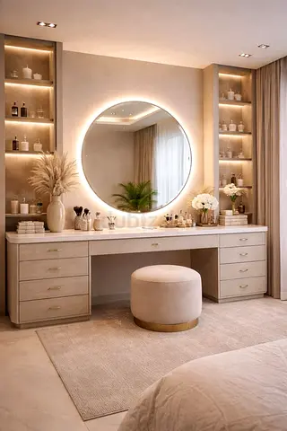 Spacious Double-Dresser Vanity with LED Round Mirror and Stool