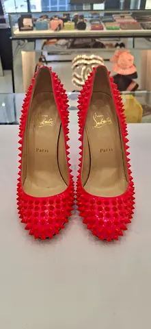 Red Studded Christian Louboutin-Style Pumps — Size (please confirm)
