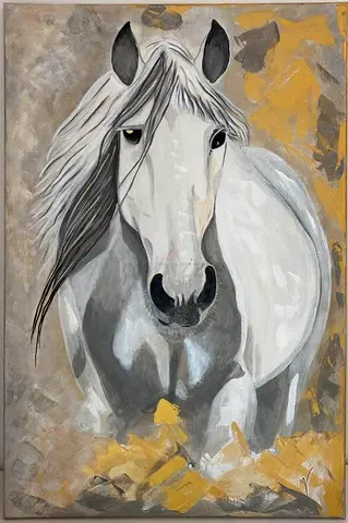 Original Hand-Painted White Horse Canvas Painting