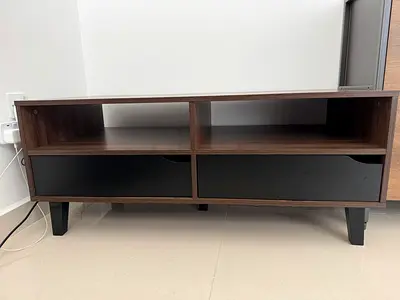 Compact TV Unit / Media Console with Two Drawers - Dark Wood Finish