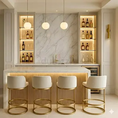 Modern Marble Home Bar with Gold Accent Stools — Fully Built-In